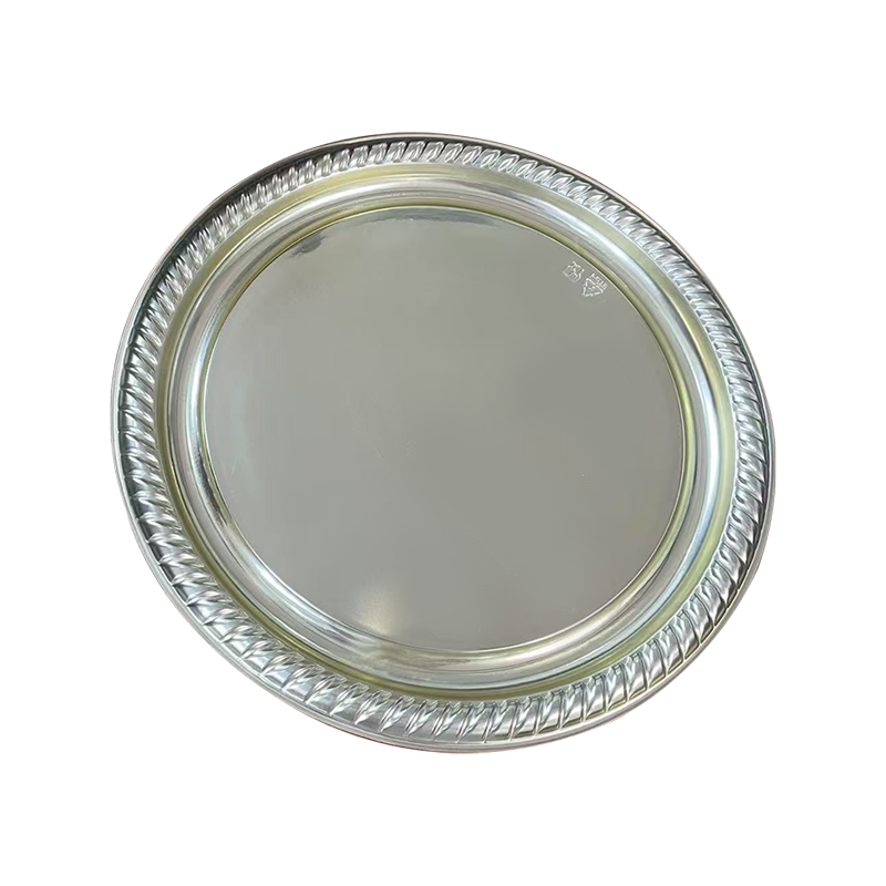 Bandeja circular com borda em formato de leque prateada